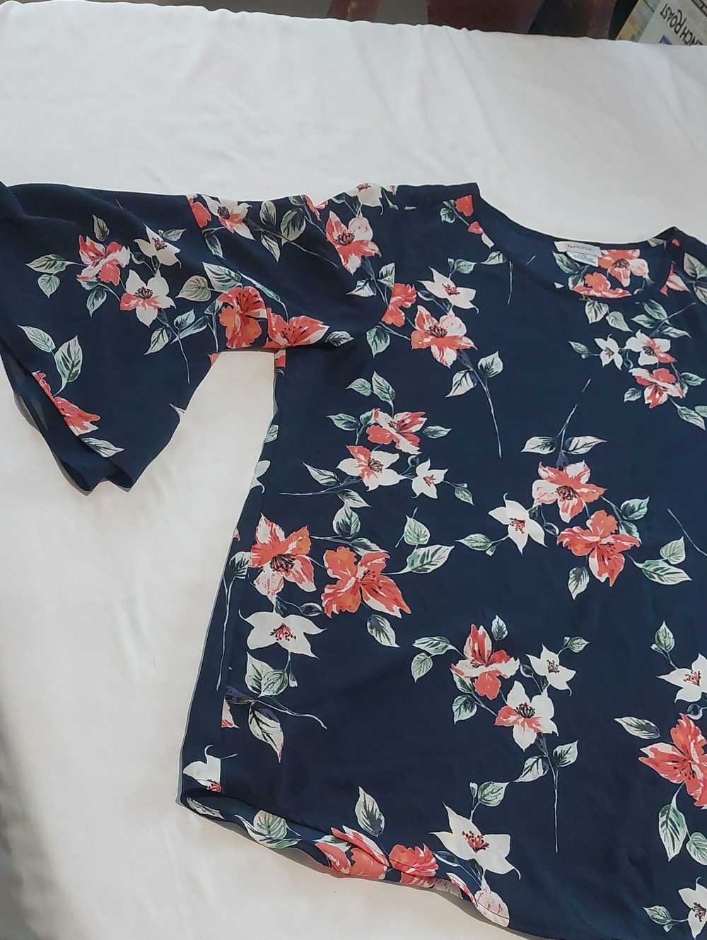 VanHeusen Women’s Navy Floral Bell-Sleeve Top - Coral & White Flowers